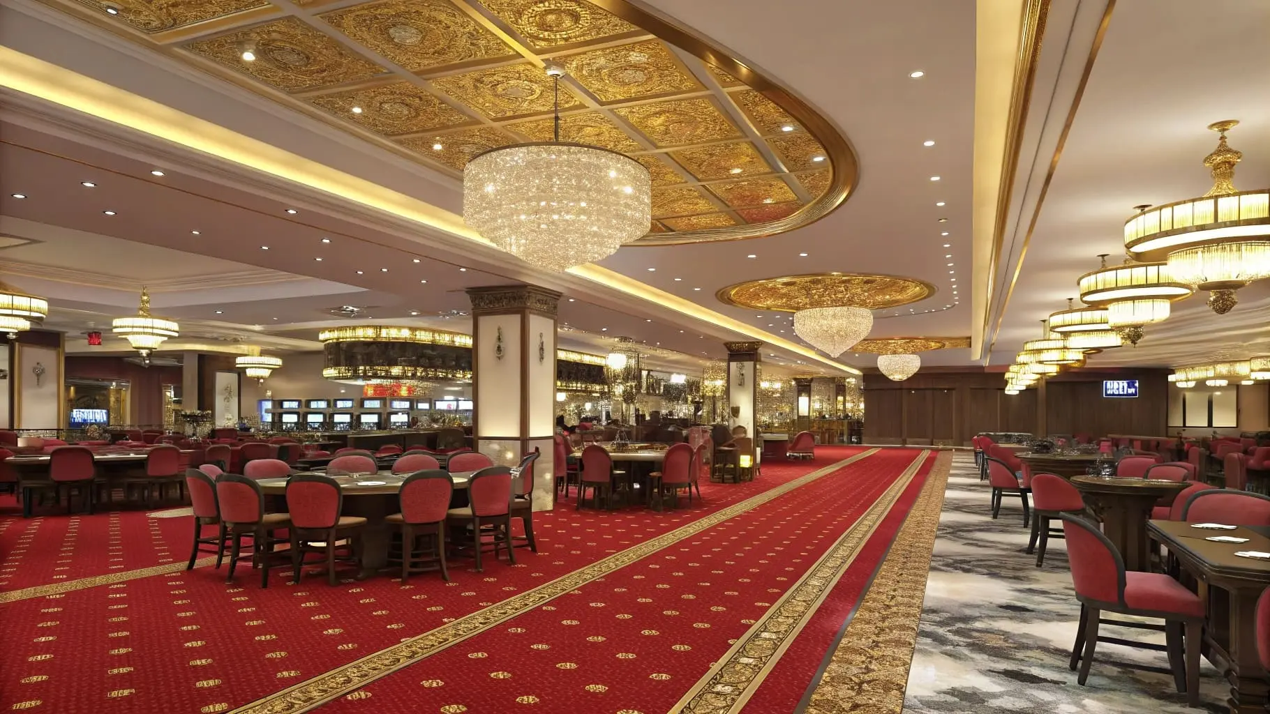 Sala gier w kasynie Grand Fortuna – czerwony dywan, eleganckie stoły i sufit art deco